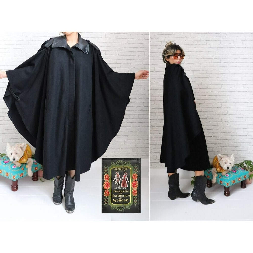 1970's WENGER Cape | Open Size Fit | Black Pure Wool Designer Cape Coat Austria